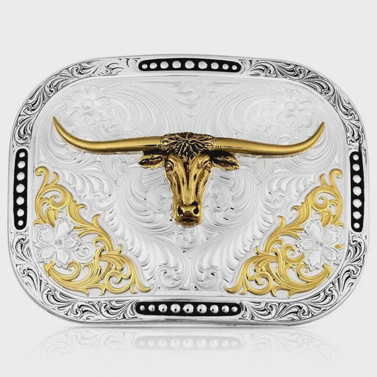 Hebilla Montana Silversmiths Class Act Two Tone Belt Buckle with Longhorn 53510-767H