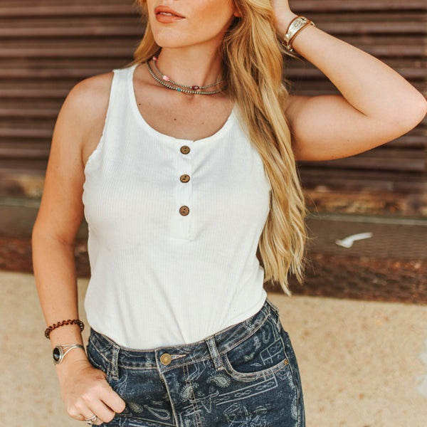 Lucky &amp; Blessed Henley Ribbed Tank Top White TO1053-IVY