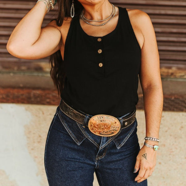 Lucky &amp; Blessed Henley Sleeveless Tank Top TO1053-BLK