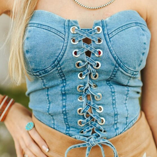 Lucky &amp; Blessed Denim Corset Top TO929-SW