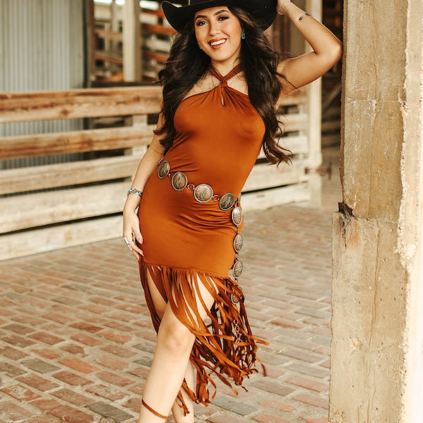 Vestido Lucky & Blessed Camel Cross Neck DR509-CML